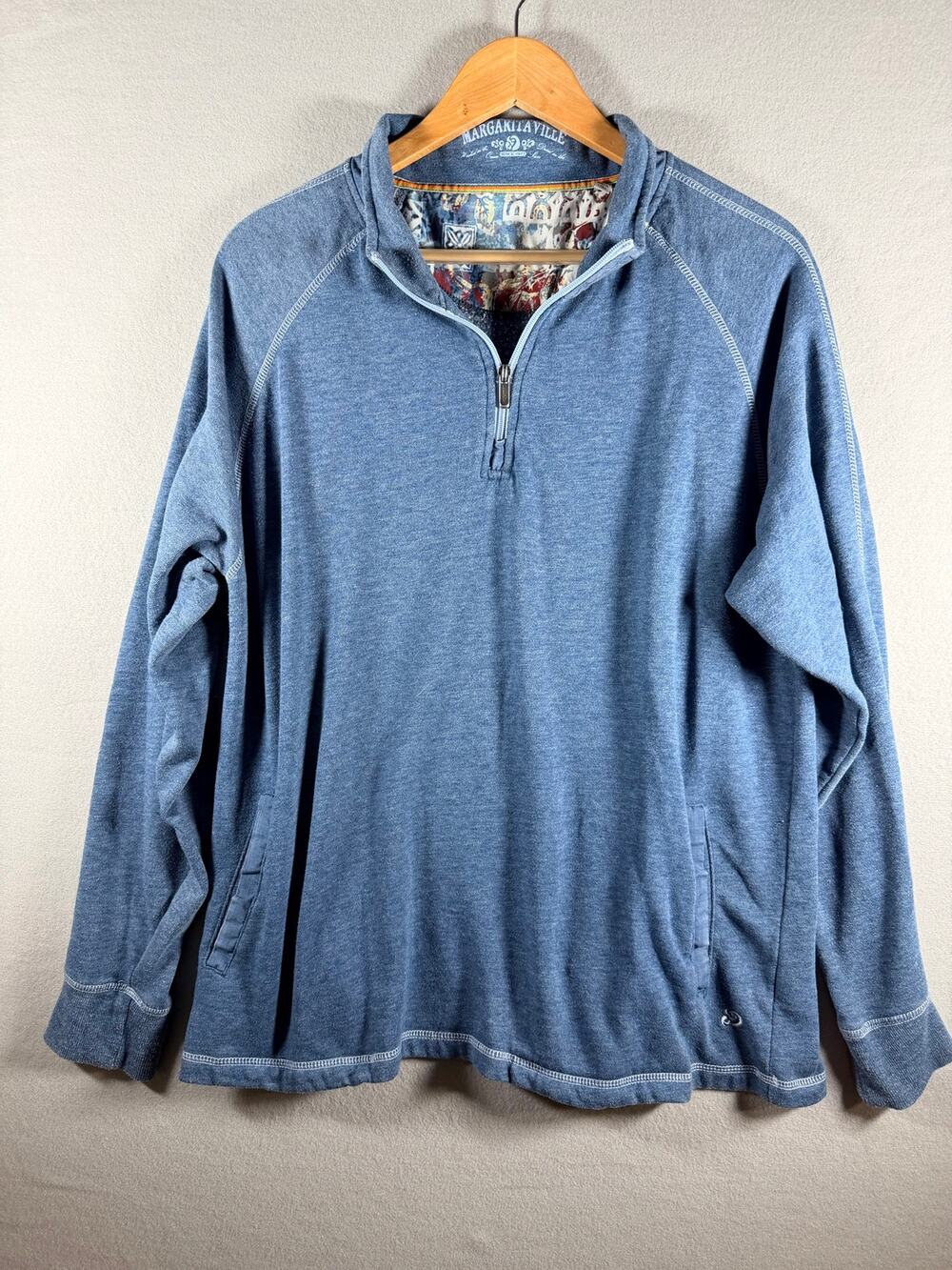 Margaritaville Mens 1/4 Zip Pullover Sweatshirt Size L Heather Blue Raglan